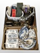 Two boxes containing assorted cutlery, Ringtons horse and cart ornaments,