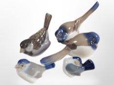 Five Bing and Grøndahl/Royal Copenhagen birds, tallest 9cm.