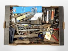 A box of vintage hand tools, carpentry tools, Stanley number 130 woodworking plane, etc.