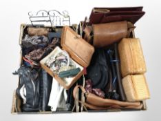 Two boxes of lady's leather handbags, small quantity of costume jewellery, metal jewellery stand,