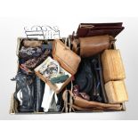 Two boxes of lady's leather handbags, small quantity of costume jewellery, metal jewellery stand,