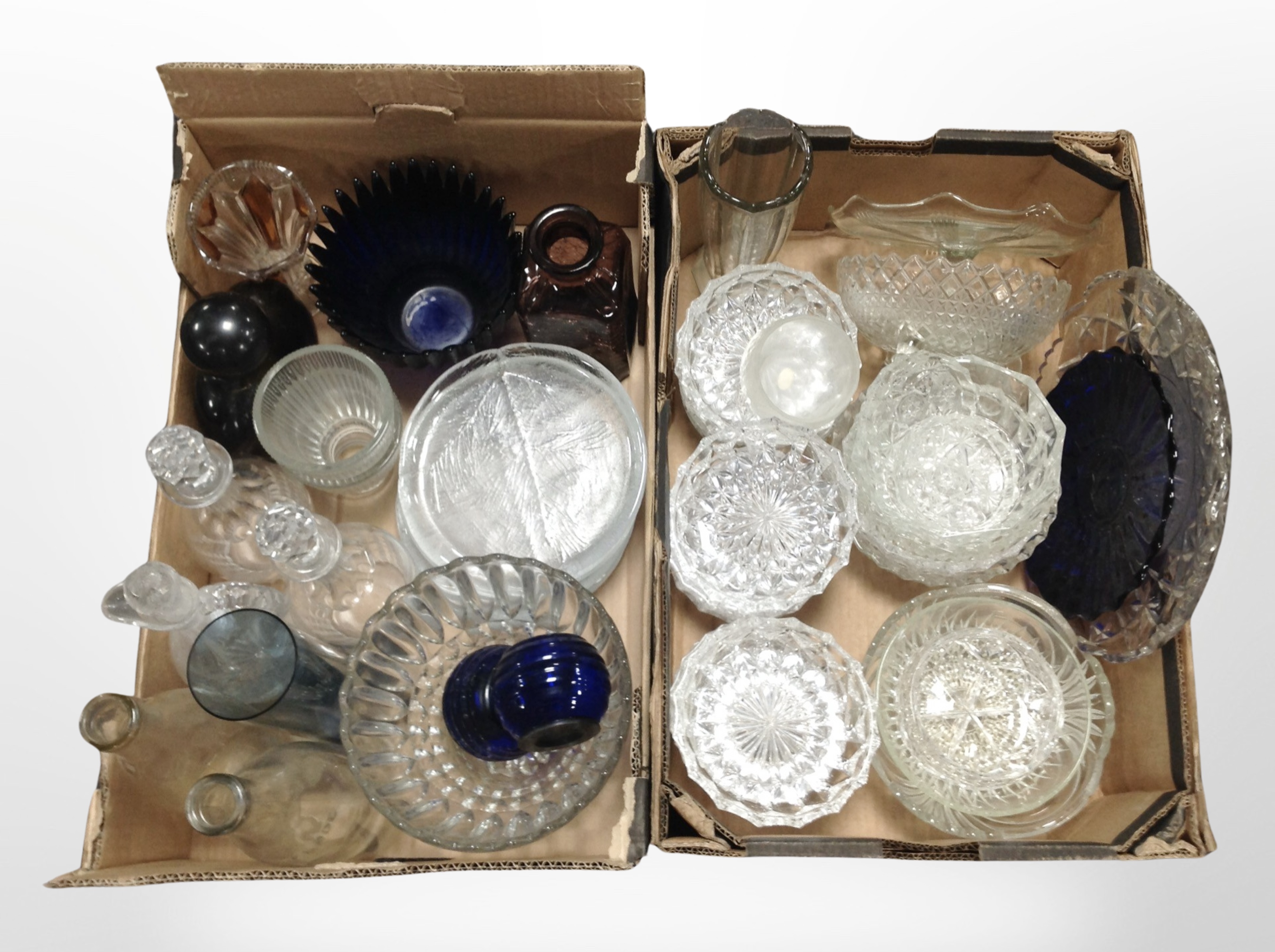 Two boxes of 20th-century continental glasswares including bowls, decanters, vases, etc.
