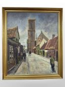 Danish school : Figures in a street, oil on canvas, 38cm x 46cm.