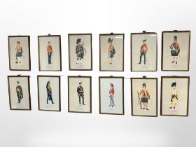 Twelve colour prints depicting figures in military attire, each 24cm x 36cm.