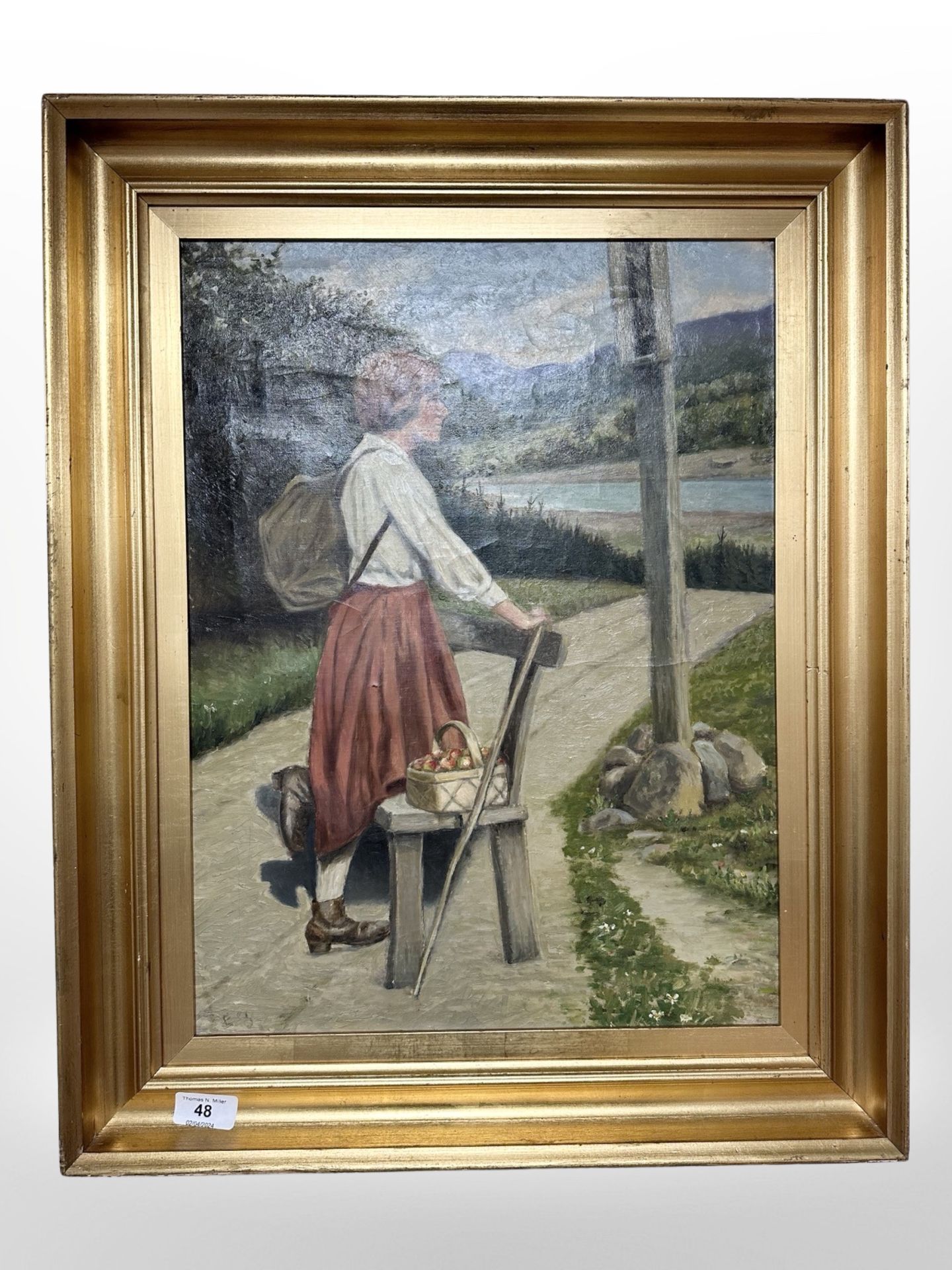 Danish school : Portrait of a lady kneeling on a bench, oil on canvas, 37cm x 49cm.