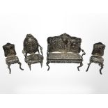 A miniature continental silver suite of lounge furniture, comprising a salon settee,