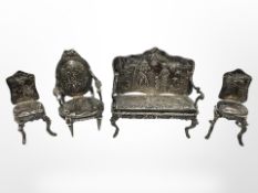 A miniature continental silver suite of lounge furniture, comprising a salon settee,