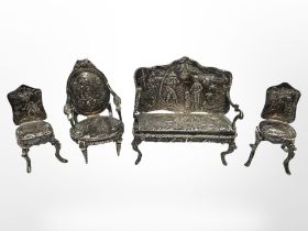 A miniature continental silver suite of lounge furniture, comprising a salon settee,