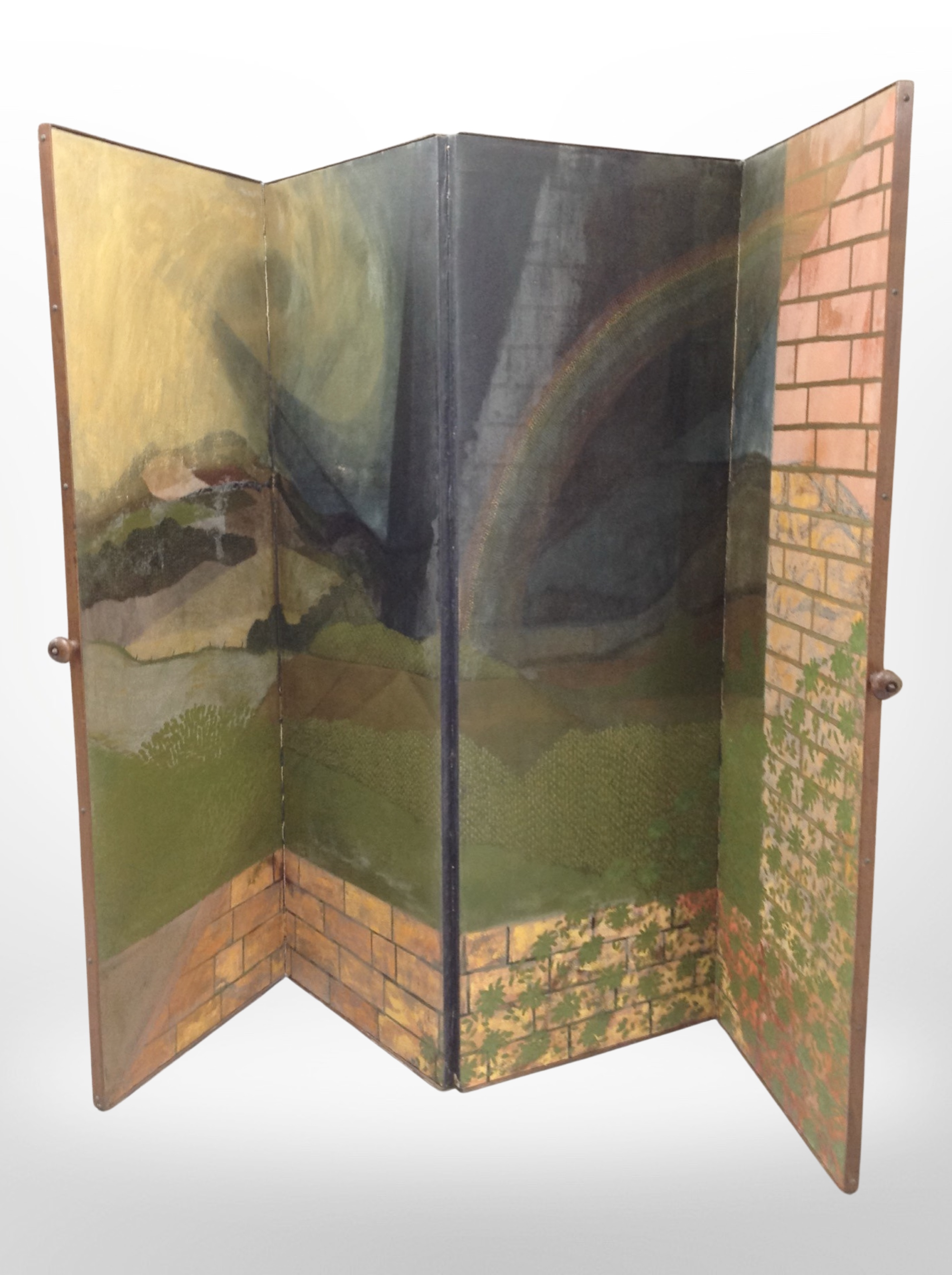 A painted canvas four-fold screen in walnut frame, each panel 179cm x 62cm.