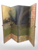 A painted canvas four-fold screen in walnut frame, each panel 179cm x 62cm.