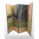 A painted canvas four-fold screen in walnut frame, each panel 179cm x 62cm.