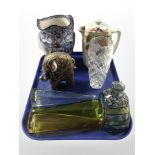 A Ringtons Maling ware Chintz jug, further Ringtons floral jug, crystal vase, elephant ornaments,