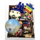 Two boxes containing children's toys, globe, etc.