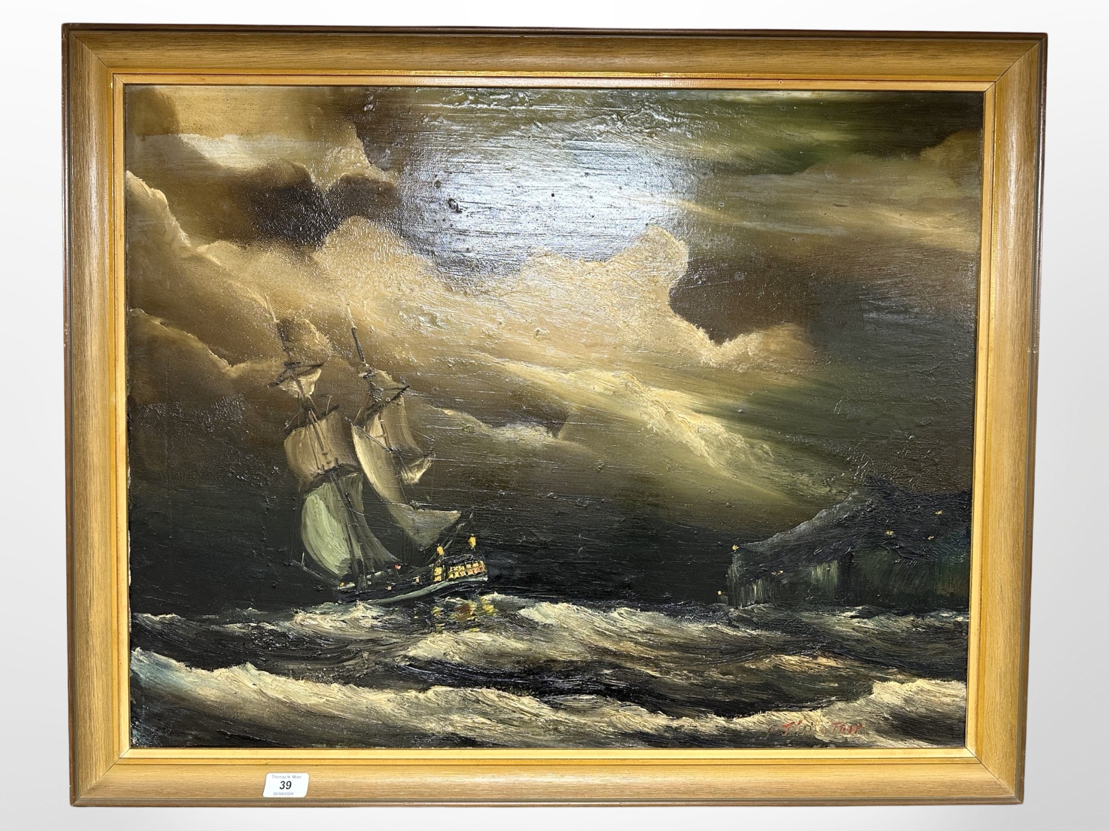 P J Wintrip : Tall ship approaching cliffs at high seas, oil on canvas, 76cm x 59cm.