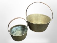 Two Victorian brass jam pans, largest 35cm diameter.
