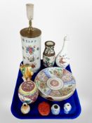 A group of oriental ceramics including lamp base, vases, Tang-style pottery horse, scent bottle.