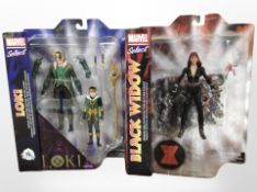 Two Marvel Select action figures, Loki and Black Widow, boxed.