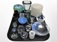 A group of Scandinavian glass wares including paperweights, frosted glass bark-textured vase, etc.