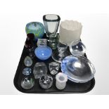 A group of Scandinavian glass wares including paperweights, frosted glass bark-textured vase, etc.