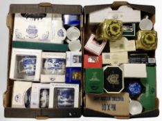 Two boxes of Maling blue and white ceramics, tins, mugs, etc.