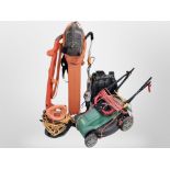 A Qualcast electric lawn mower, together with a Flymo garden vacuum, a strimmer,
