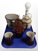 A Denby pottery planter, table lamp, and further jug with two matching mugs.