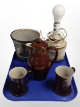 A Denby pottery planter, table lamp, and further jug with two matching mugs.