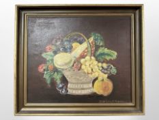 Danish School : Still life with fruit in a basket, oil on canvas, 45cm x 37cm.