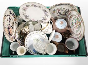 A box of Mason's and other plates, glass perfume bottles, lustre wares, etc.