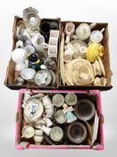 Three boxes of continental ceramics, porcelain and stoneware dinner wares, oil lamp, etc.