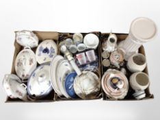 Three boxes of Scandinavian ceramics, lamp base, dinner wares, kitchen storage jars,