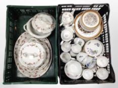 Two boxes containing Wilton dinner ware, various part tea sets, Langley pottery plates, etc.