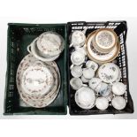 Two boxes containing Wilton dinner ware, various part tea sets, Langley pottery plates, etc.