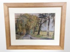 20th century school : A rural road flanked by trees, colour chalks, 32cm x 46cm,