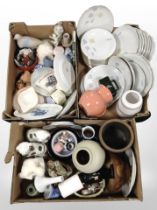 Three boxes of assorted ceramics and ornaments, pair of Staffordshire dogs,