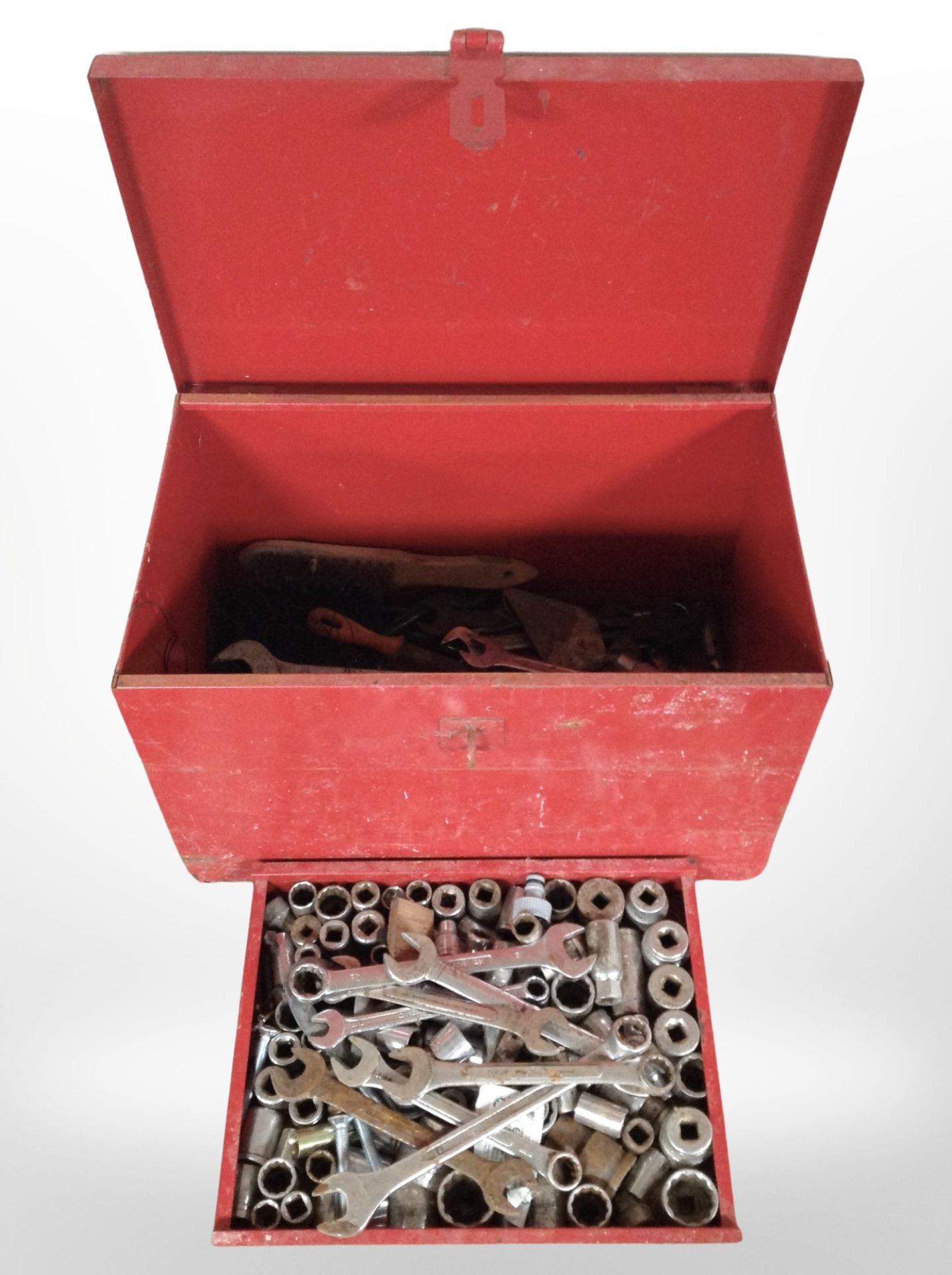 An enameled metal tool chest containing assorted hand tools, wrench sockets, etc. - Image 2 of 2