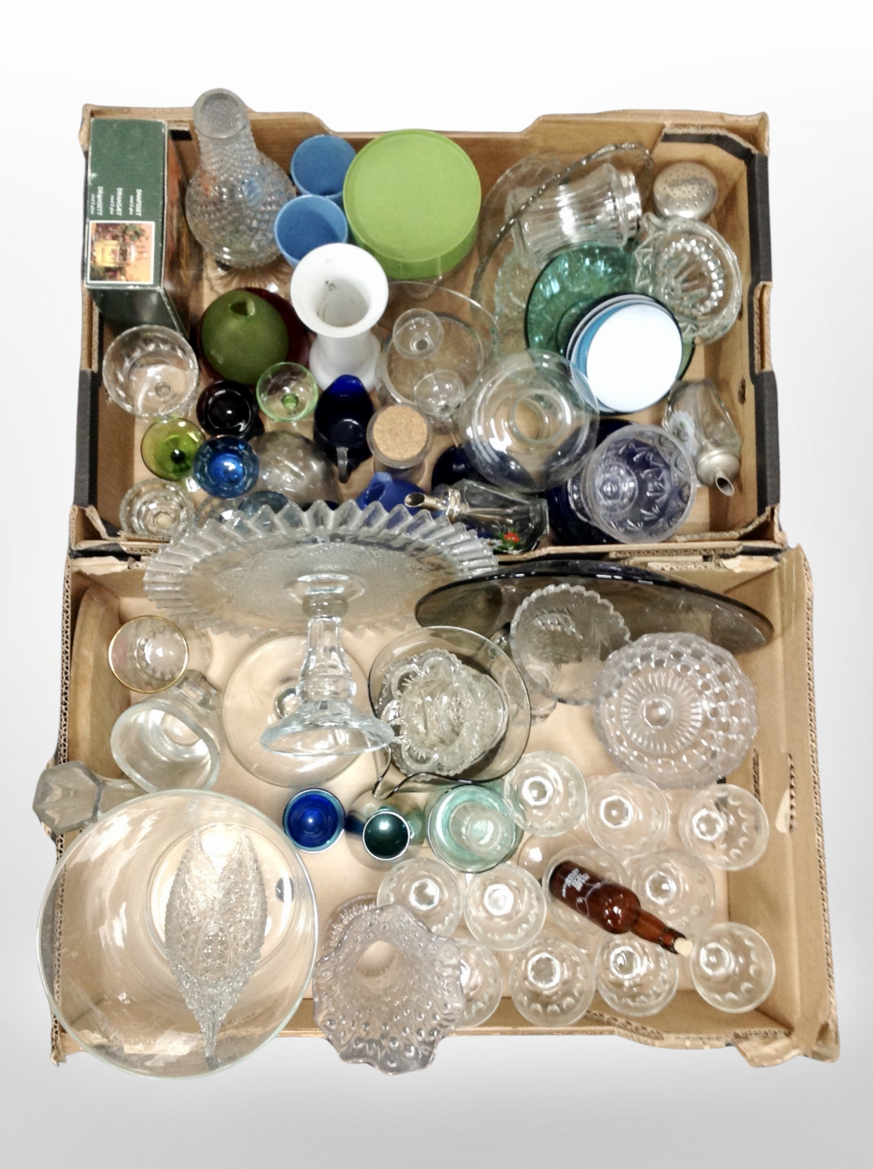 Two boxes of Scandinavian glass wares including drinking vessels, vase, decanters, bowls, etc.