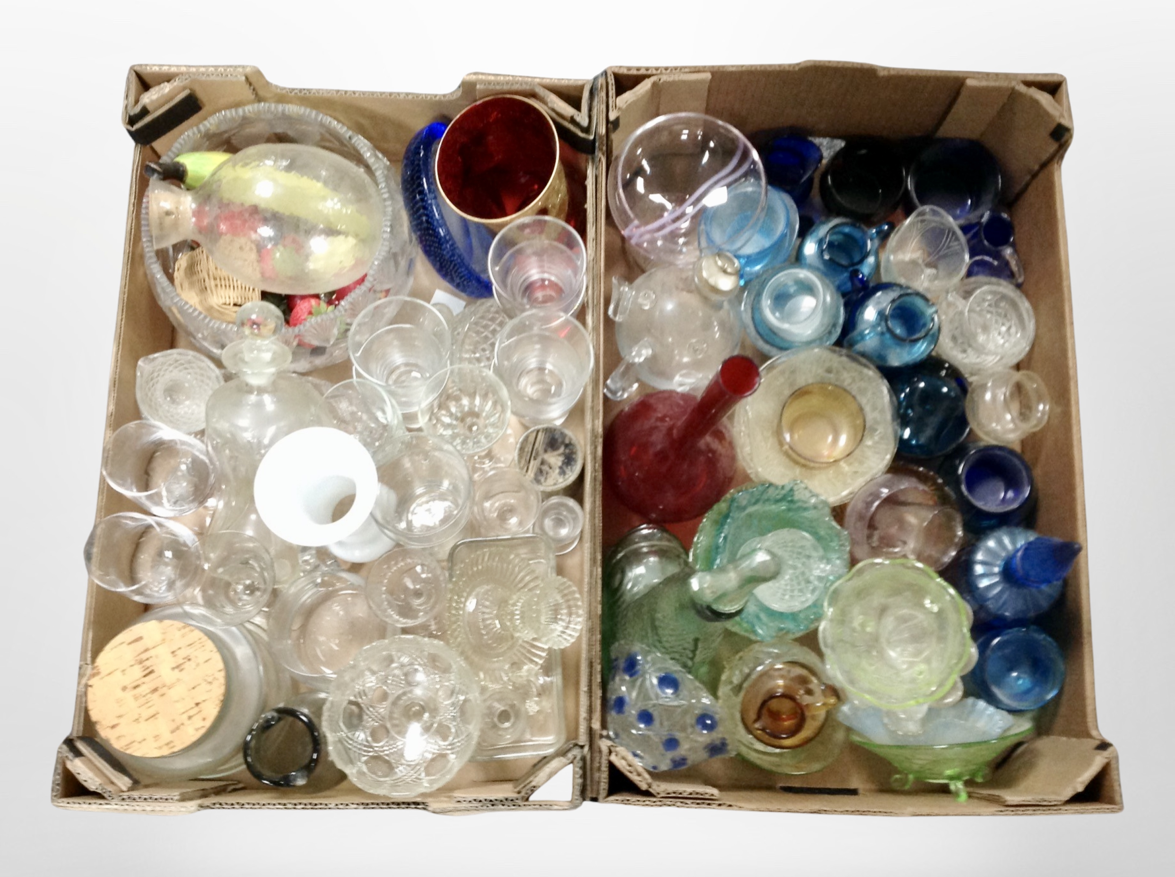 Two boxes of 20th-century clear and coloured glass ware including fruit bowl, drinking glasses,