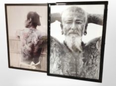 Two contemporary prints depicting tattooed figures, 97cm x 77cm.
