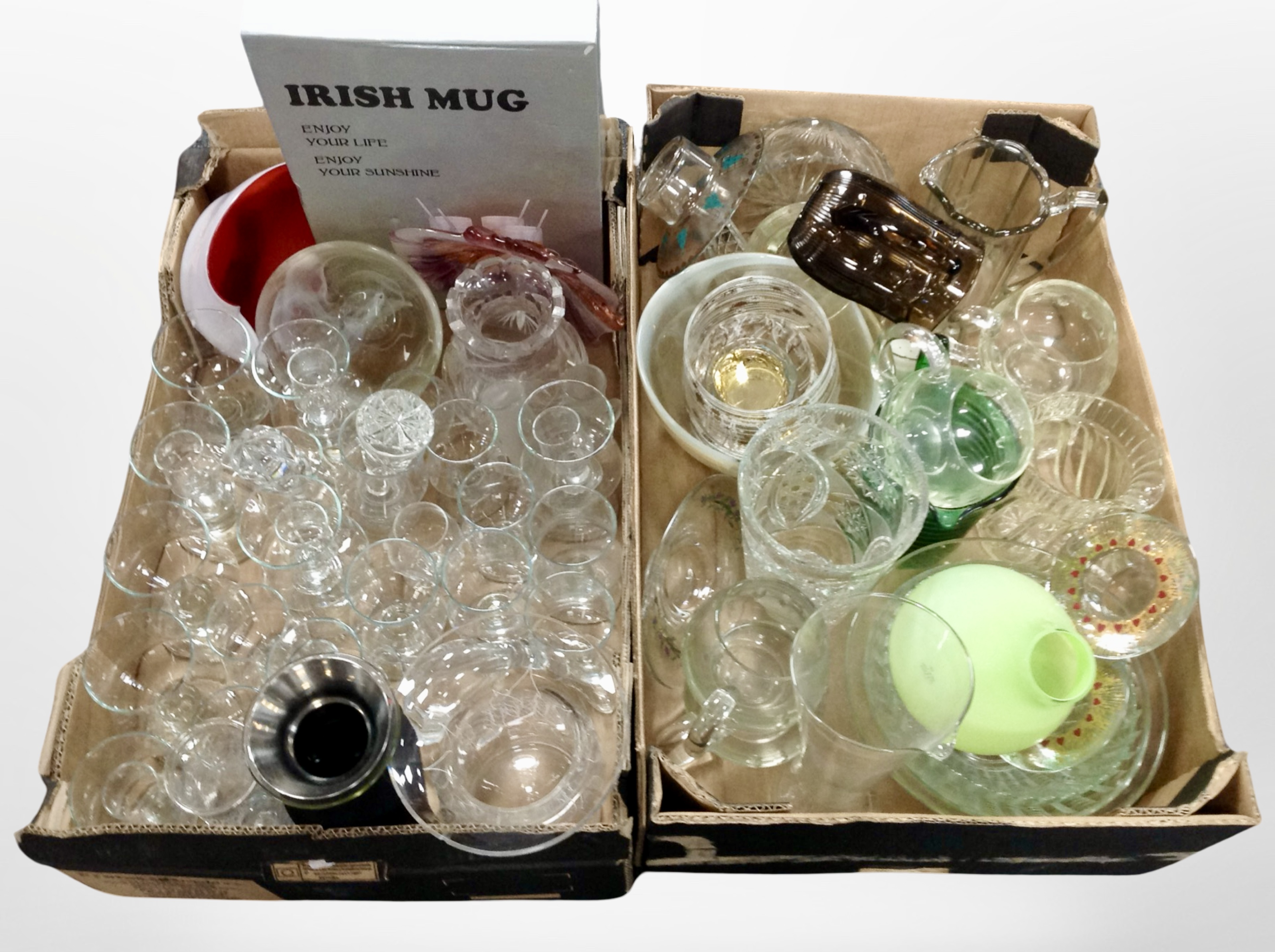 Two boxes of 20th-century glass wares, drinking vessels, several pieces by Holmegaard, etc.