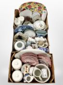 Three boxes of porcelain and pottery including Wedgwood dinner plates,