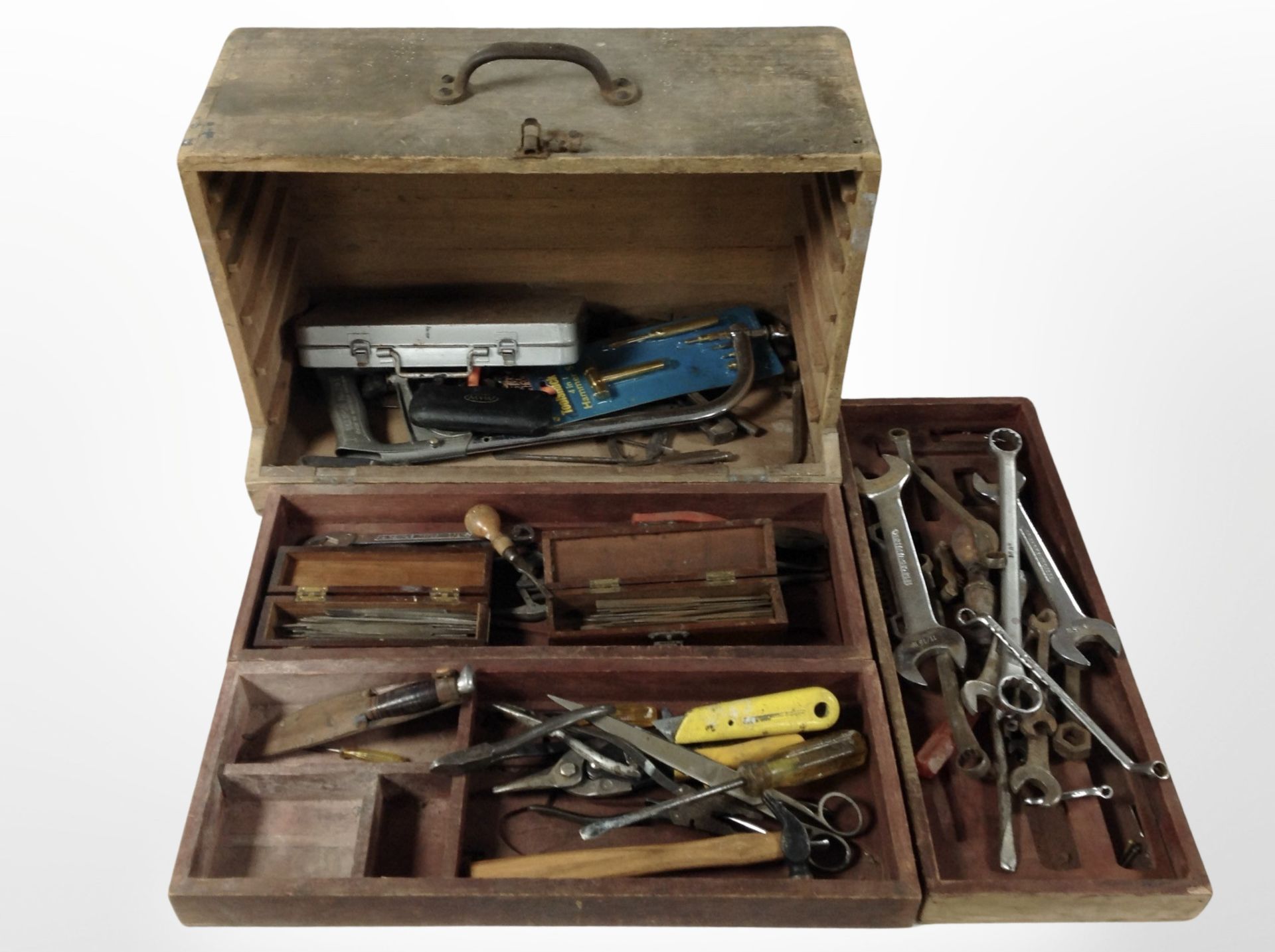 An antique joiner's toolbox containing assorted tools, hunting knife, etc.