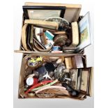 Two boxes containing treen items, Scandinavian teak coat hangers, small footstool,