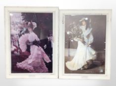 Two colour lithographs depicting Victorian ladies, in painted frames, 78cm x 57cm overall.