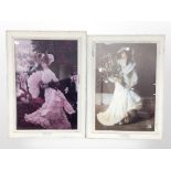 Two colour lithographs depicting Victorian ladies, in painted frames, 78cm x 57cm overall.