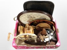 A box containing Danish Raadvad enameled metal bread slicer, together with treen items,