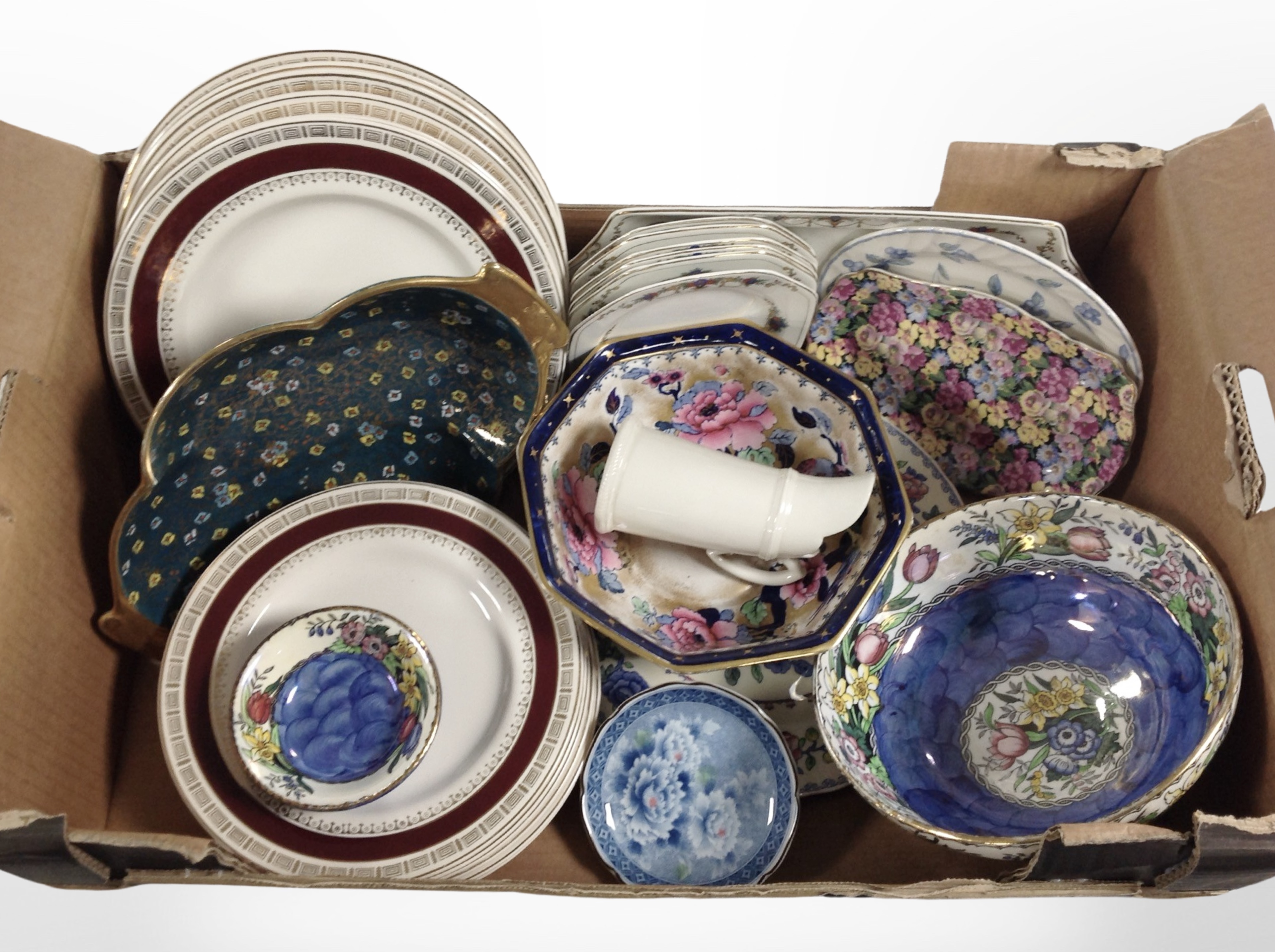 A box of assorted ceramics including Maling lustre ware, Royal Winton, etc.