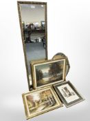 A rectangular gilt-framed mirror, 126cm x 35cm, together with a further oval mirror,