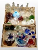 Two boxes of continental clear and coloured glass ware, drinking vessels, bottles, decanters, etc.