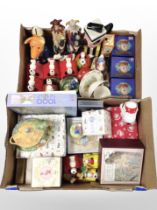Two boxes containing Beatrix Potter collectables, Snoopy ornaments, Royal Doulton Bunnykins china,